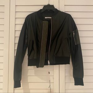 Berna Italian Black Leather/Textile Crop Bomber Jacket Small